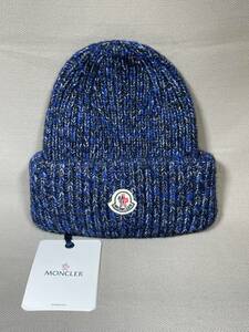 新品 本物 モンクレール MONCLER 厚手 アルパカ混 ニット帽 ブルー グレー 帽子 ロゴ ニットキャップ ビーニー 