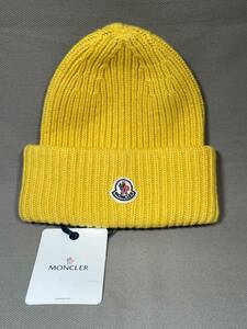 新品 本物 モンクレール MONCLER 厚手 カシミヤ混 ヴァージンウール ニット帽 マスタード イエロー 黄色 帽子 ロゴ ニットキャップ