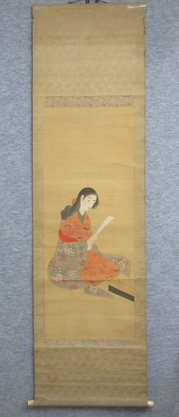 [Reproduction] Hanging scroll, portrait of a beautiful woman [B32395] Length 179cm Width 50cm Silk painting People Tokonoma decoration Antiques Antique art, Painting, Japanese painting, person, Bodhisattva