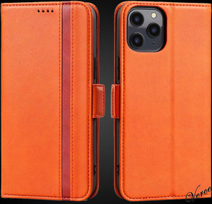 【オレンジ×アクセントライン】 手触りの良い質感 手帳型ケース iPhone 12 Pro Max 6.7インチ サイドマグネット カバー スタンド機能あり