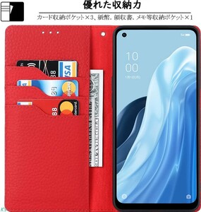 レッド 高級牛本革 ストラップ付き マグネット式 手帳型 オッポ OPPO Reno7 A 全面保護 財布型 スタンド機能 カード収納 ケース カバー