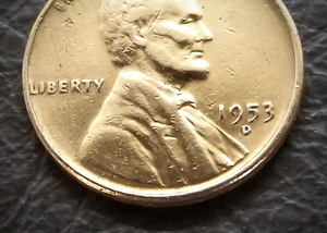 1セントコイン リンカーン 小麦 1953年製造 D刻印　 送料無料です。　（15958） USA 貨幣 硬貨 ペニー アメリカ