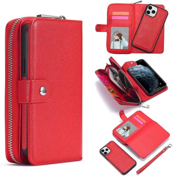 iPhone 13 pro max レザーケース iPhone13 pro max カバー iphone13 pro max ケース 手帳型 お財布付き カード収納 ファスナー付き赤
