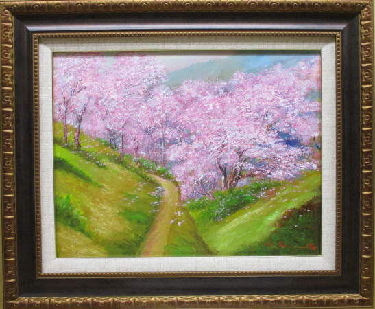 人気商品再入荷 島本良平作 桜と赤富士 油絵額付き 原画一点もの 絵画
