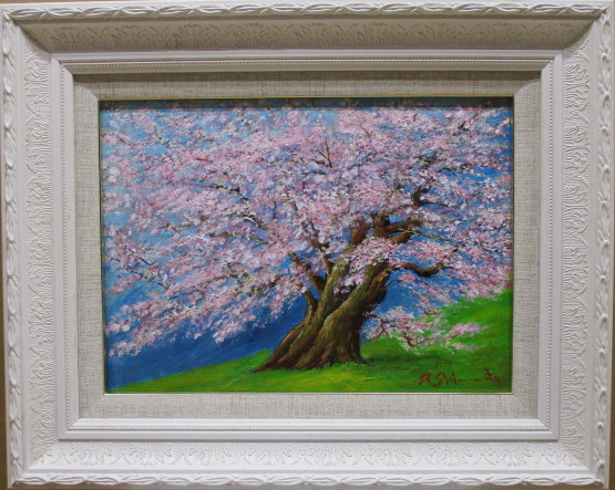 人気商品再入荷 島本良平作 桜と赤富士 油絵額付き 原画一点もの 絵画