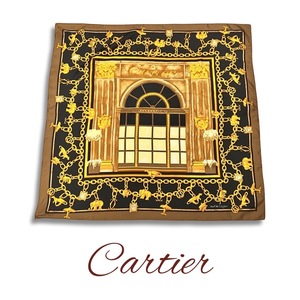 Cartier カルティエ must du Cartier ゴールドチェーン アクセサリー柄 大判 シルク スカーフ ブラウン ブラック