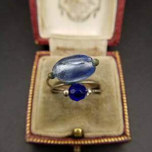  blue glass a-ru deco Vintage ring ring Vintage costume jewelry square dragonfly sphere beads Q1