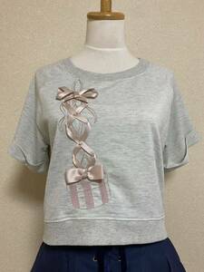 Secret Honey シークレットハニー ★USED★半袖 トップス おしゃれ Tシャツ パール ピンクおりぼん グレー ガーリー 新学期 入学 夏休み