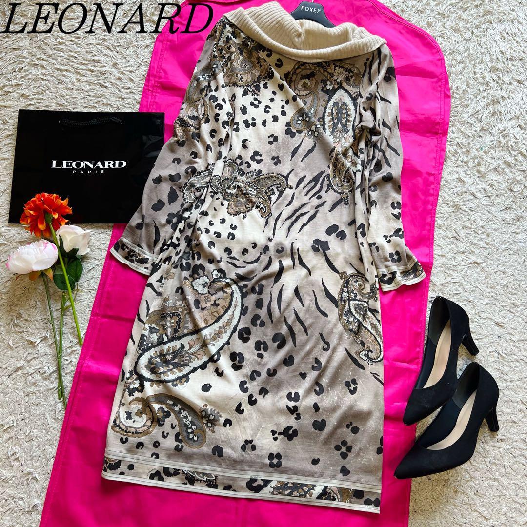 お気に入り】 【良品】LEONARD 総柄ノースリーブドレス フリンジリボン