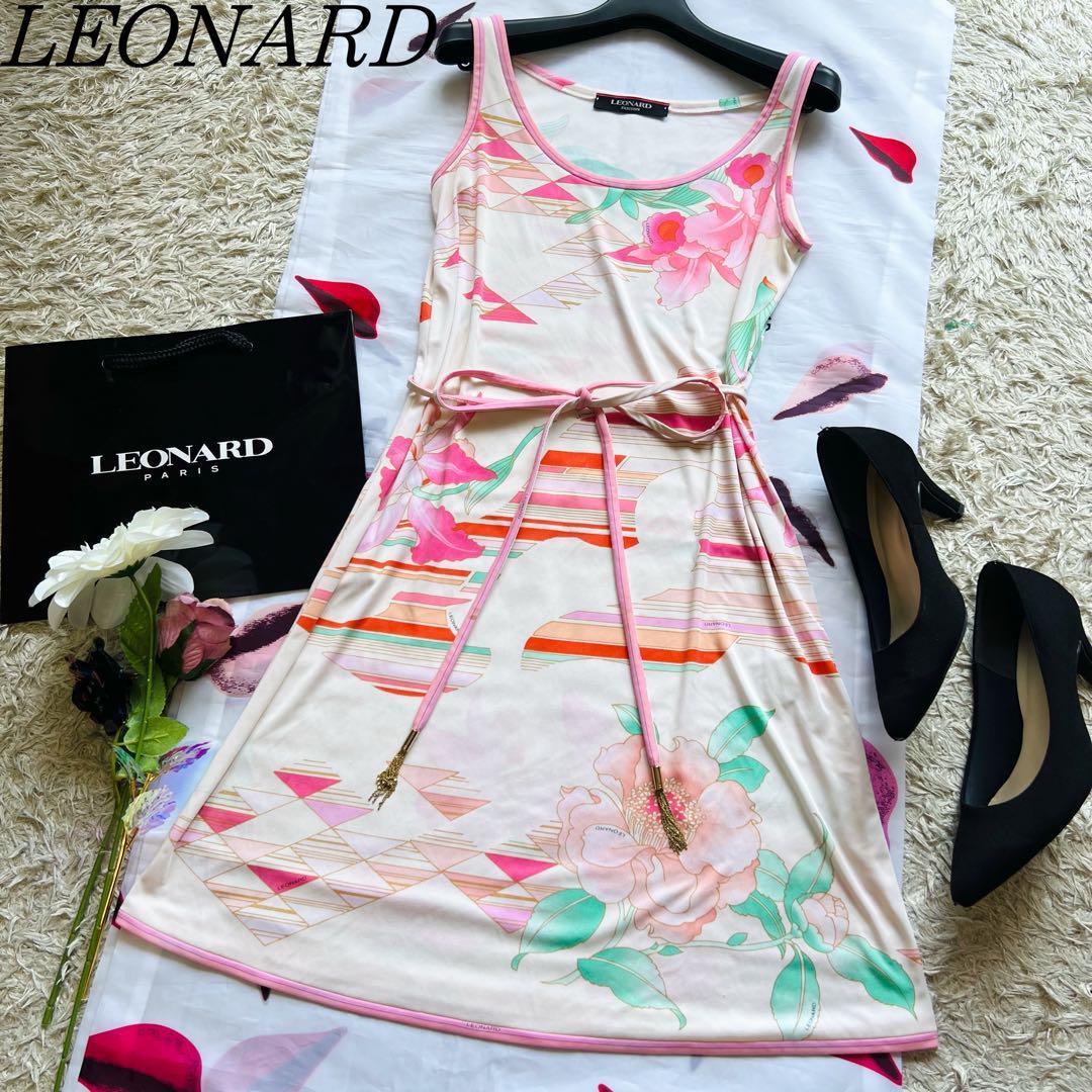 良品】LEONARD 総柄シャツワンピース 半袖 花柄 ホワイト 襟 M