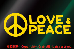 LOVE & PEACE ラブ＆ピースステッカー（黄/14cm）屋外耐候性//