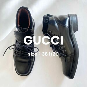 GUCCI グッチ ロゴ レースアップショートブーツ レザー23.5cm 36 1/2C 編み上げ