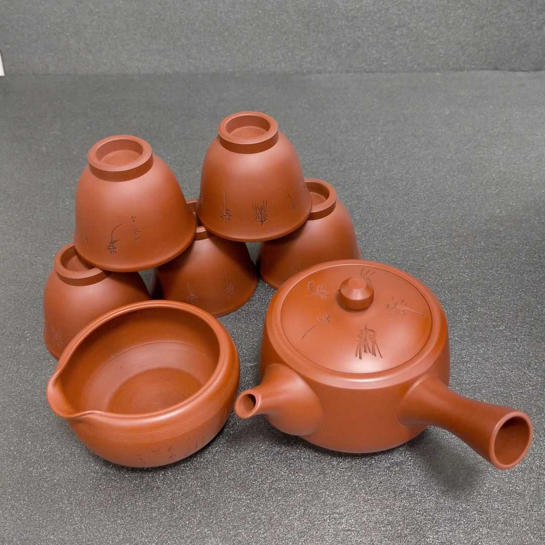 石見銀山 朱泥 彫刻 高鳳作 煎茶道具 常滑焼 名工 漢詩 急須 湯冷し