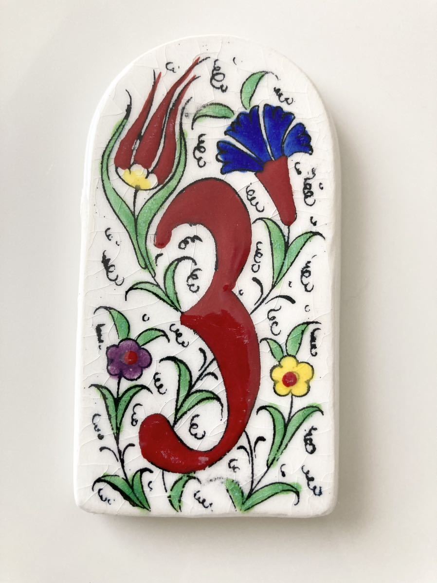 Hand-painted Ceramic Number Plate Kyutafya Pottery Exotic Türkiye ◇ Floral Tulip Tile 3 Handmade, furniture, interior, interior accessories, others
