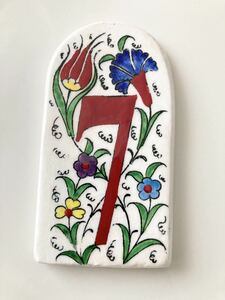 Art hand Auction Hand-painted Ceramic Number Plate Kyutafya Pottery Exotic Türkiye ◇ Floral Tulip Tile 7 Handmade, furniture, interior, interior accessories, others