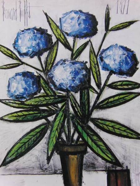 Colección de arte enmarcado raro de Bernard Buffet Hortensias bleus, Obras populares, Viene con tapete personalizado y marco japonés nuevo., Bernardo Buffet, Cuadro, Pintura al óleo, Naturaleza muerta