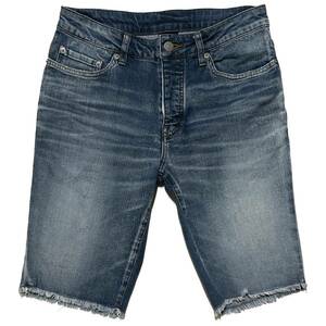 定価4.6万 AKM STRETCH USED DENIM 9OZ SHORT PANTS Sサイズ ブルー ストレッチデニムショートパンツ ジュンハシモト wjk