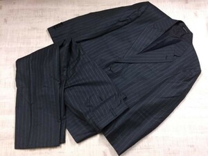 高島屋 TAKASHIMAYA オールド レトロ 古着 フラノ ストライプ シングル スーツ 上下セットアップ メンズ フォーマル ウール100% 紺