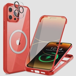 送料無料★HAUTRKBG iPhone14ProMaxケース 両面強化ガラス 全面保護 MagSafeワイヤレス充電(レッド)