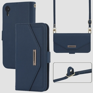 送料無料★iPhone XR ケース 手帳型 カード収納 ショルダーケース 財布 ミラー 斜め掛け ファスナー型 (青)