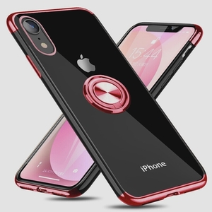 送料無料★iPhone XR ケース リング付き クリア 耐衝撃 スタンド機能 車載ホルダー対応 全面保護 (ローズゴールド)