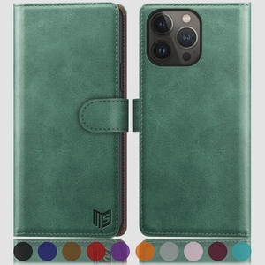 送料無料★iPhone14 Pro ケース 手帳型 カード収納 全面保護 耐衝撃 耐摩擦 財布型 スマホケース (シーグリーン)