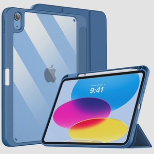 送料無料★TiMOVO iPad 第10世代 ケース 10.9インチ ペン収納 透明バック 薄型 三つ折り(アビスブルー)