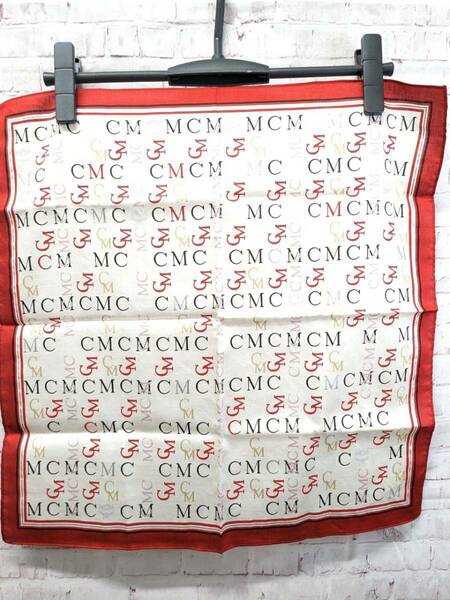 MCM スカーフ バンダナ ハンカチ レッド×ホワイト 総柄 ロゴ 綿 コットン100％