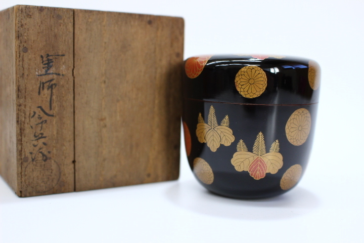 F471 八代 中村宗哲 笹絵 中棗 共箱 木製 漆塗 蒔絵 茶道具
