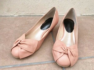 安くて可愛い靴◆日本製/ひねりリボンデザイン/ウエッジソール　パンプス　22cm　EEE