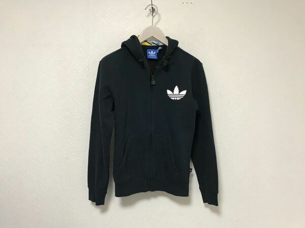 本物アディダスadidasコットンジッププリントスウェットパーカートレーナー長袖メンズアメカジサーフミリタリービジネススーツ紺XSネイビー