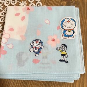 ドラえもん　　日本製　　ハンカチ　　50×50cm 送料120 新品　　刺繍　　さくら　桜　ブルー