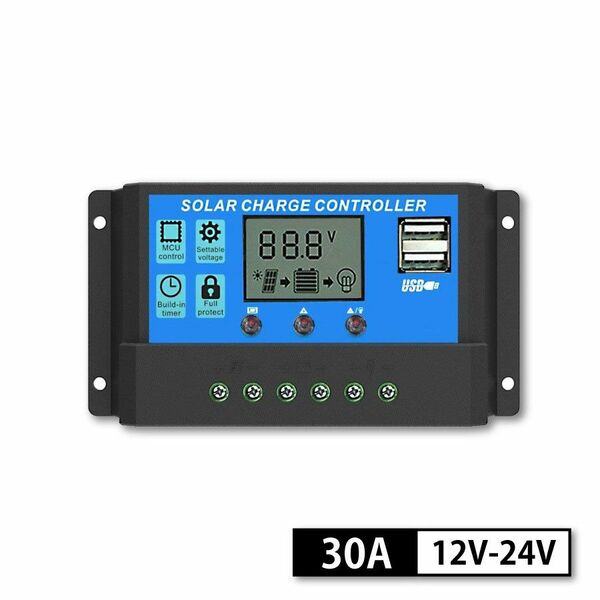 30A ソーラーパネル コントローラー 30A PWM式 12V/24V LCDデュアル液晶 チャージコントローラー