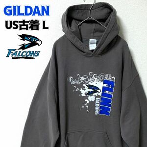 US古着 GILDAN スウェットパーカー フットボール ファルコンズ グレー プルオーバー L ギルダン