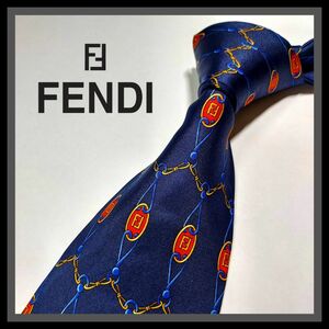 69【FENDI】フェンディ ネクタイ 紺×赤×黄×ロゴ