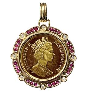 美品 マン島金貨 猫 エリザベス女王二世 1994年 K18/24 純金 14.6g 1/5オンス コイン ダイヤモンド ルビー ペンダントトップ