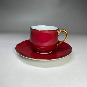 大倉陶園 OKURA チューリップ型 デミタスカップ ソーサー レッド 赤色 洋食器 金彩 陶磁器 古陶磁器 日本製 国産 コーヒーカップ