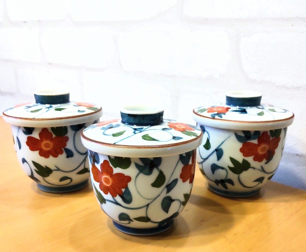 大人気!大人気!有田焼 古伊万里 染錦窓絵 蓋碗 蓋付き茶碗 5客 明治