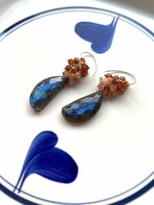 Art hand Auction Labradorite, Sunstone & Hessonite Earrings, Natural Stone, K14gf, Handmade, Accessories (for women), Earrings, Earrings