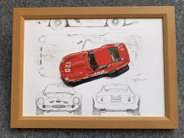 ■BOW。池田和弘『Ferrari 250 GTO』B5サイズ 額入り 貴重イラスト 印刷物 ポスター風デザイン 額装品 アートフレーム 旧車