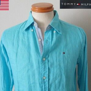 ★ メンズ トミーヒルフィガー TOMMY HILFIGER チェック柄 プレミアムリネン 長袖 ボタンダウン シャツ US S 日本Ｍサイズ ライトブルー の画像1