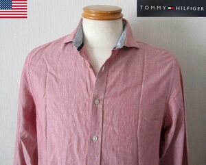 ★ メンズトミーヒルフィガー TOMMY HILFIGER new york fit ホリゾンタルカラー 長袖 シャツ US S 日本Ｍサイズ レッド 