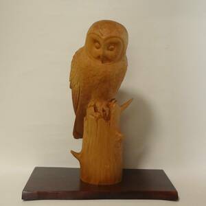 出品者作 オリジナル 木彫刻 アート『 ある夜の梟 』 フクロウ　芸術 アート 檜材 檜 鳥 木彫り 彫刻 ハンドメイド　art