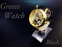 腕時計　メンズ 腕時計 ステンレス レザー　革ベルト ウォッチ ギリシャ文字 アナログ 金フレーム 黒色　ブラック　人気ブランド　_画像1