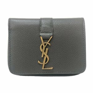 【美品】イヴサンローラン Yves Saint Laurent ラージジップウォレット ラウンドファスナー YSLカサンドラ 二つ折り財布 グレー系