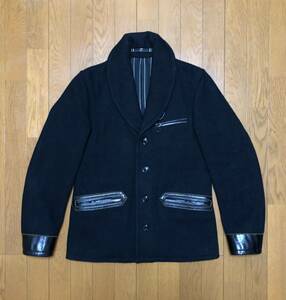 美品 WACKO MARIA SHAWL COLLER MELTON COAT ワコマリア ショールカラー レザー切替 メルトン カーコート ブラック 黒 M ウールコート 牛革