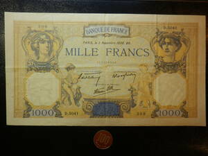 フランス 1938年 超大判 1000francs 美品下-