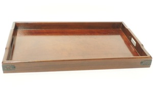 昭和ビンテージ 天然木製 漆器角盆 長手盆 富士型 四つ角金具固定 1960年頃 幅55.5cm 奥行き35.5cm 高さ5cm FYK502