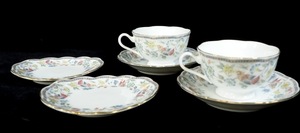 昭和期 ビンテージ NARUMI CHINA ティーセット 2客 青みがかった陶磁器に鳥と花の模様が入ったティーセットです HTF502