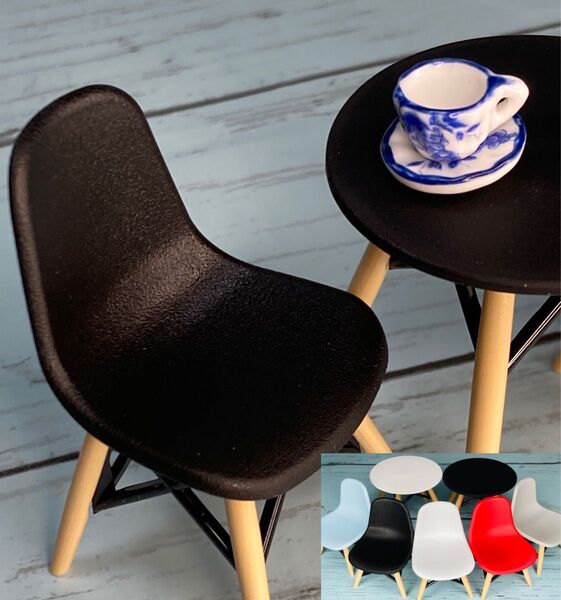ミニチュア4点セット 黒イームズ風椅子 テーブル カップ&ソーサー(グレープ柄) ミニチュアカフェダイニングセット 家具